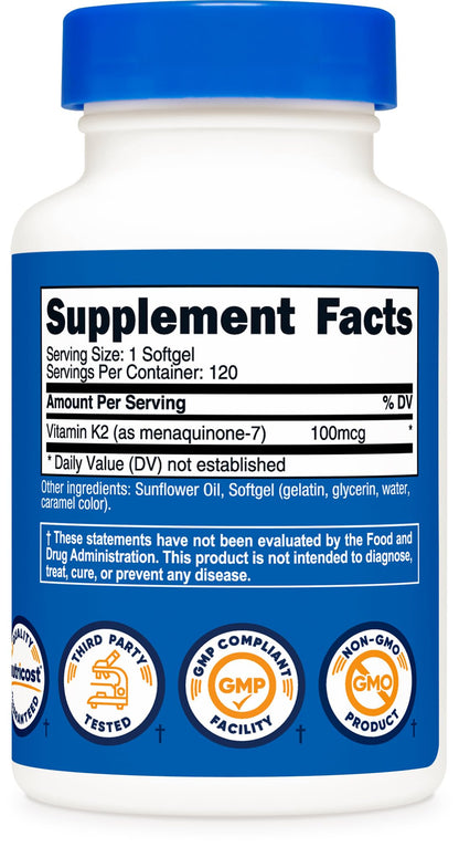 Nutricost Vitamin K2 MK-7 100 mcg, 240 Softgels, Gluten Free, GMO-Free | MK7