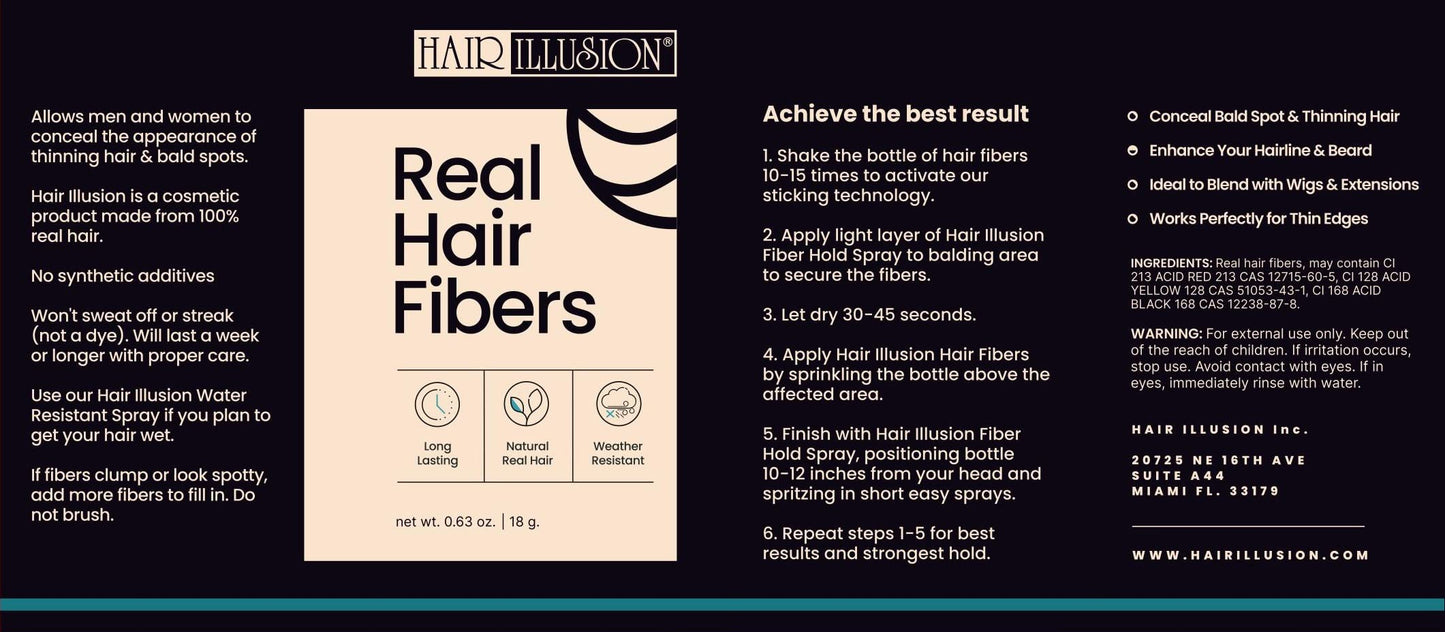 Hair Illusion 100% Natural Human Hair Fibers Not Synthetic for Men and Women, Premium Hair Building Formulation, Large, 38 g Bottle, Jet Black