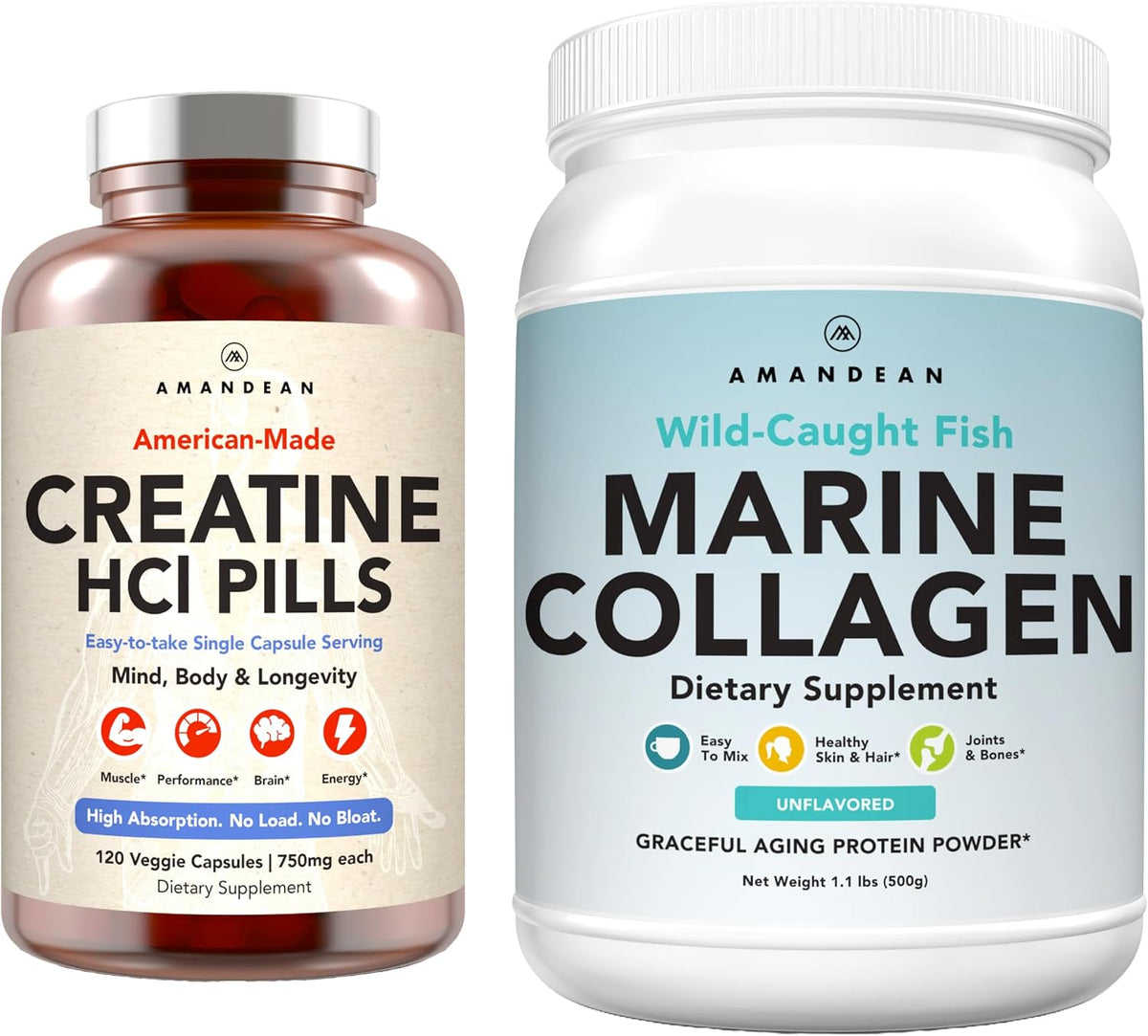 AMANDEAN Premium Creatine HCl & Marine Collagen Bundle. USA-Made CON-CRET. Wild-Caught Hydrolyzed Fish Collagen Peptides. Anti-Aging Longevity. Support Recovery, Lean Muscle, Healthy Skin.