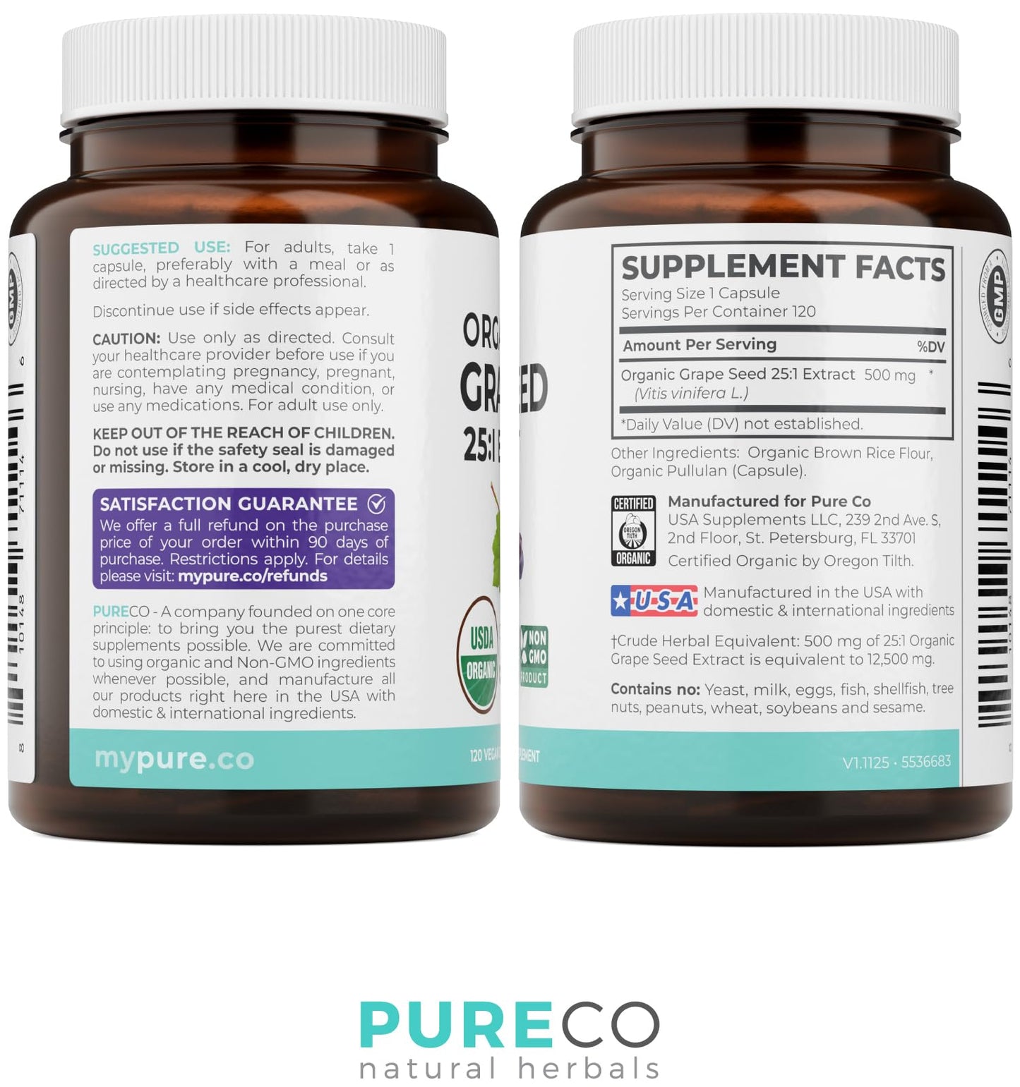 PURE CO USDA Organic Grape Seed Extract - High Potency 25:1 Grapeseed Supplement with 12,500mg Herbal Equivalent Strength - Antioxidant Support - Vegan & Non-GMO (4 Month Supply)