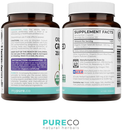 PURE CO USDA Organic Grape Seed Extract - High Potency 25:1 Grapeseed Supplement with 12,500mg Herbal Equivalent Strength - Antioxidant Support - Vegan & Non-GMO (4 Month Supply)