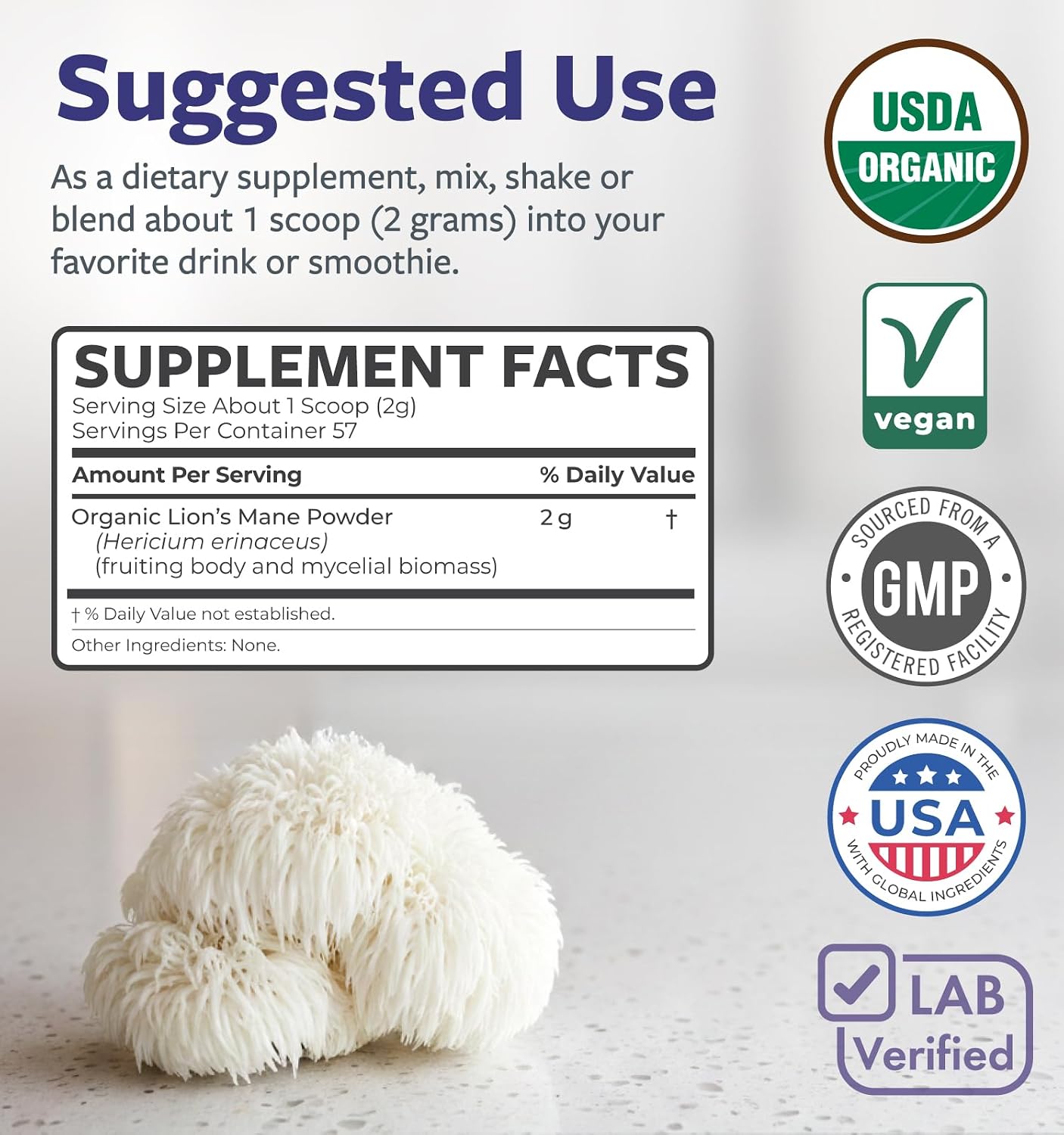 USDA Organic Lion's Mane Powder - Lion Mane Mushroom Supplement for Coffee Smoothies & More - Nootropic Brain Supplement for Memory and Focus Support - Vegan Non-GMO & No Fillers (57 Servings)