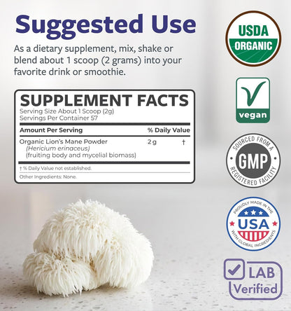 USDA Organic Lion's Mane Powder - Lion Mane Mushroom Supplement for Coffee Smoothies & More - Nootropic Brain Supplement for Memory and Focus Support - Vegan Non-GMO & No Fillers (57 Servings)