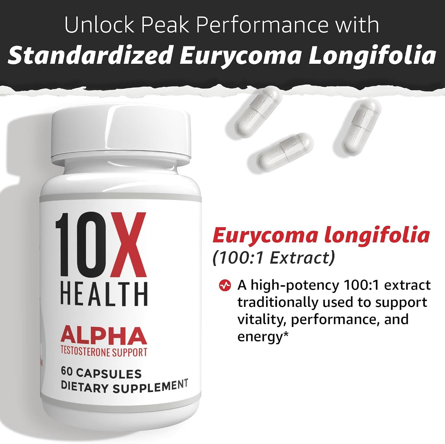 10X Health Tongkat Ali - 60 Capsules | Testosterone Booster for Men: Eurycoma Longifolia 1000mg, Strength, Vitality & Muscle Growth