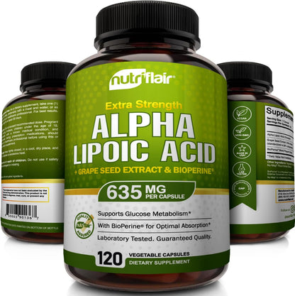 NutriFlair Alpha Lipoic Acid 600mg - with Grape Seed & BioPerine, 120 Caps
