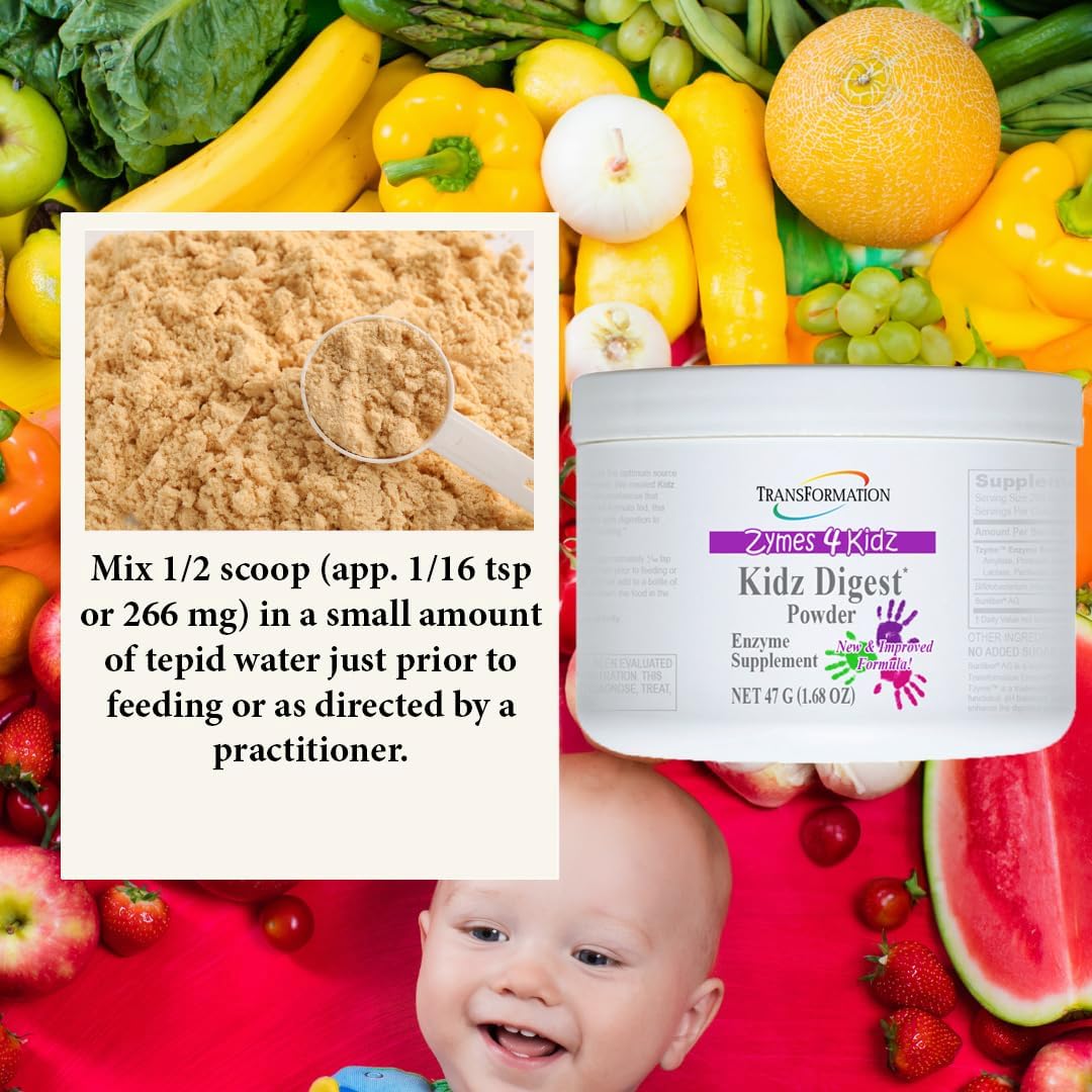 TRANSFORMATION THE GENESIS OF GOOD HEALTH Enzymes Digest Powder, Natural Digestive Support for Kids, Supports Healthy Digestion & Alleviate The Symptoms of Gas, Cramping, Bloating, Easy to Mix, 47g