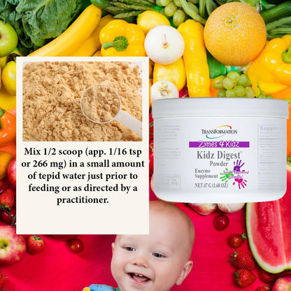 TRANSFORMATION THE GENESIS OF GOOD HEALTH Enzymes Digest Powder, Natural Digestive Support for Kids, Supports Healthy Digestion & Alleviate The Symptoms of Gas, Cramping, Bloating, Easy to Mix, 47g