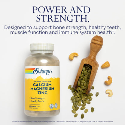 SOLARAY Calcium Magnesium Zinc Supplement - with Calcium 1000mg, Magnesium 500mg - Bone Health, Muscle Function, Heart Health and Immune Support - Vegan, 60 Day Guarantee, 68 Servings, 275 VegCaps