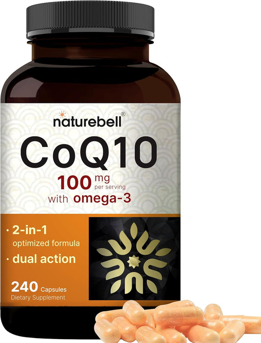 NatureBell CoQ10 100mg with Omega 3, 240 Capsules | Stable High Absorption Form – Antioxidant Support for Heart & Energy Health – Extra Strength Coenzyme Q10 Supplement