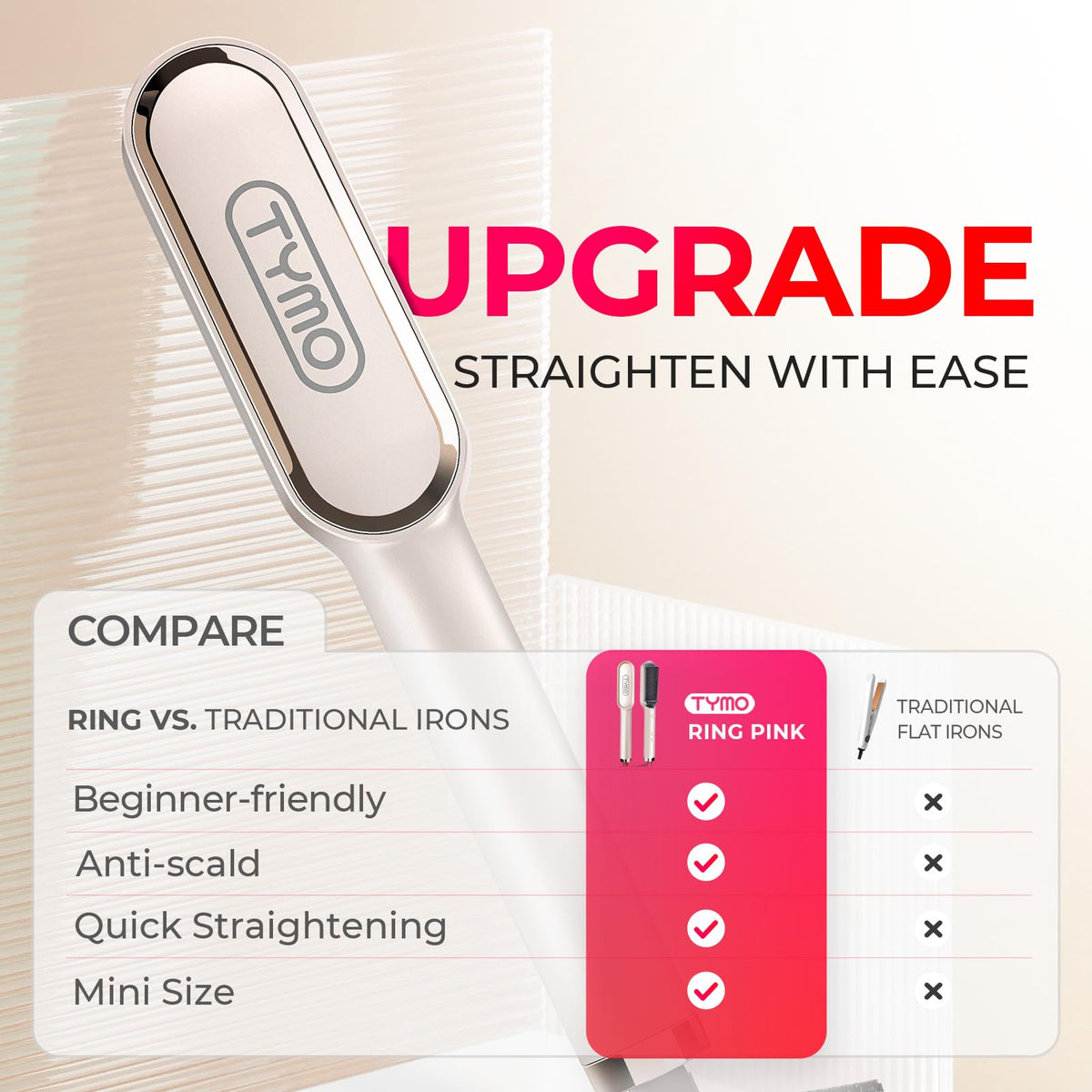 TYMO Hair Straightener Brush with Keratin Ceramic Coating - 5 Temps, 20s Heating