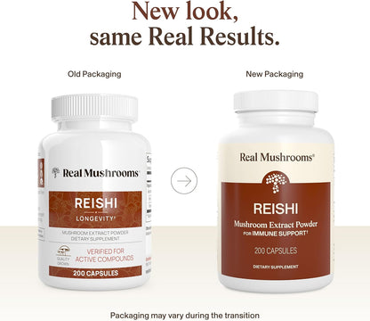Real Mushrooms Reishi Mushroom Capsules - Handpicked Organic Mushroom Extracts - Red Reishi for Tranquil Daily Wellness with Verified Beta Glucans Vegan, Non-GMO, No Grain Fillers, 200 ct