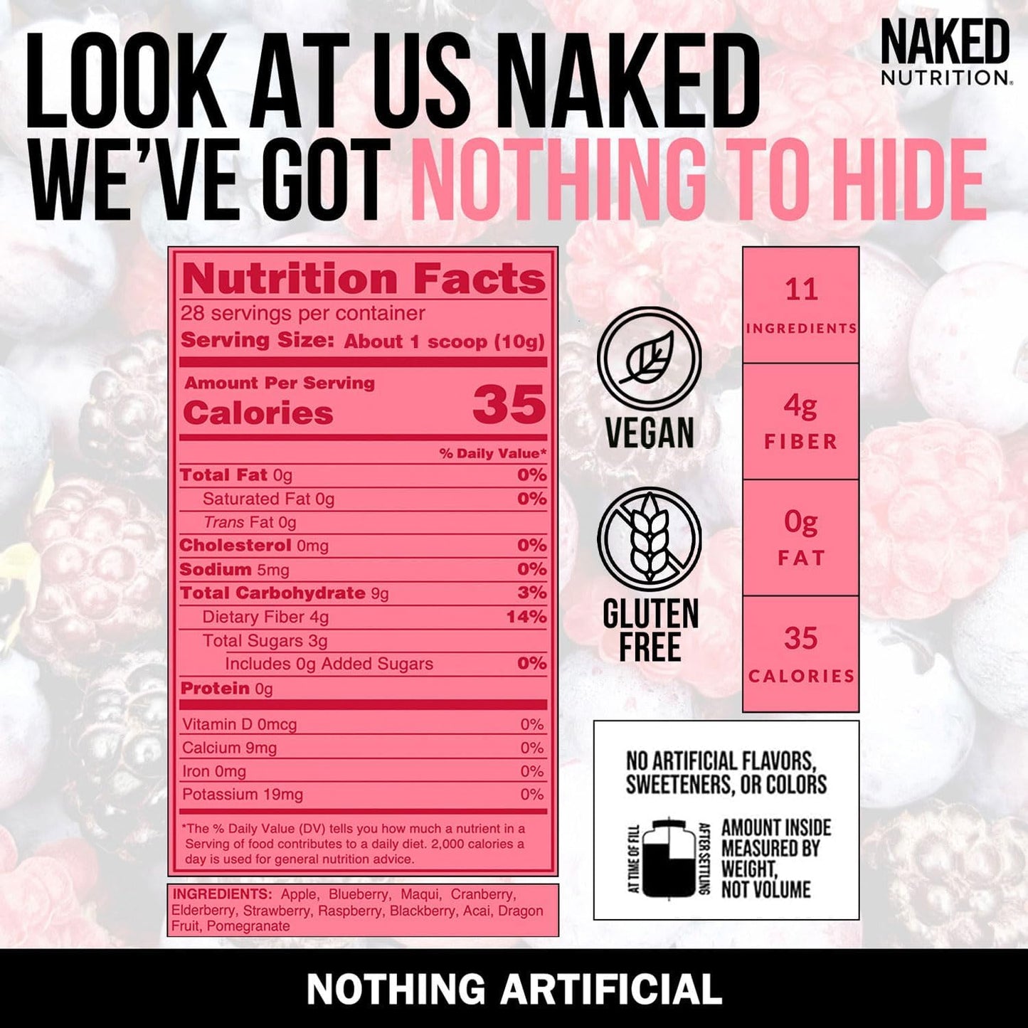 NAKED Reds Superfood Powder - Healthy, Energizing Polyphenol Fruit Powder Mix, No Fillers, No Additives, Vegan, Non-GMO, Gluten Free - 28 Servings