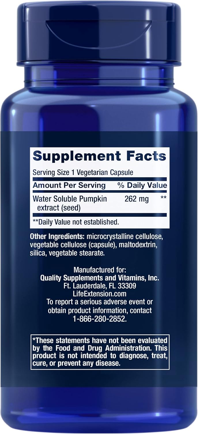 Life Extension Water-Soluble Pumpkin Seed Extract, Promotes Prostate & Urinary Tract Health, Bladder Health Support, Men, Women, Gluten-Free, Non-GMO, Vegetarian, 60 Capsules | Promotes Prostate & Urinary Tract Health, Supports Bladder Health for Men & Wo