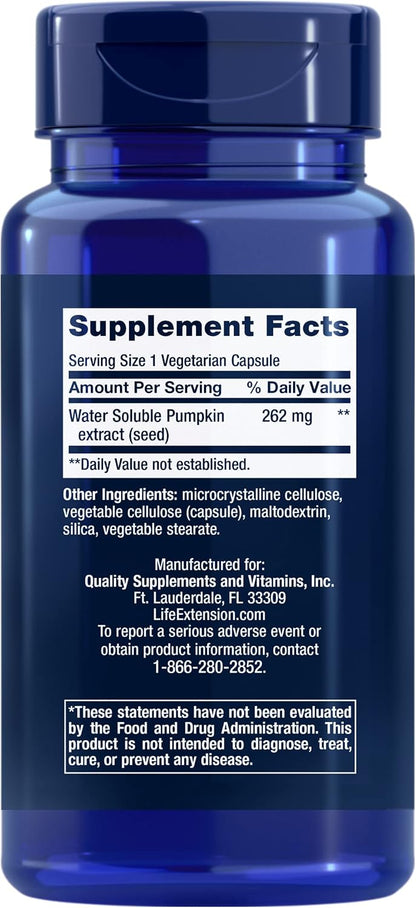Life Extension Water-Soluble Pumpkin Seed Extract, Promotes Prostate & Urinary Tract Health, Bladder Health Support, Men, Women, Gluten-Free, Non-GMO, Vegetarian, 60 Capsules | Promotes Prostate & Urinary Tract Health, Supports Bladder Health for Men & Wo