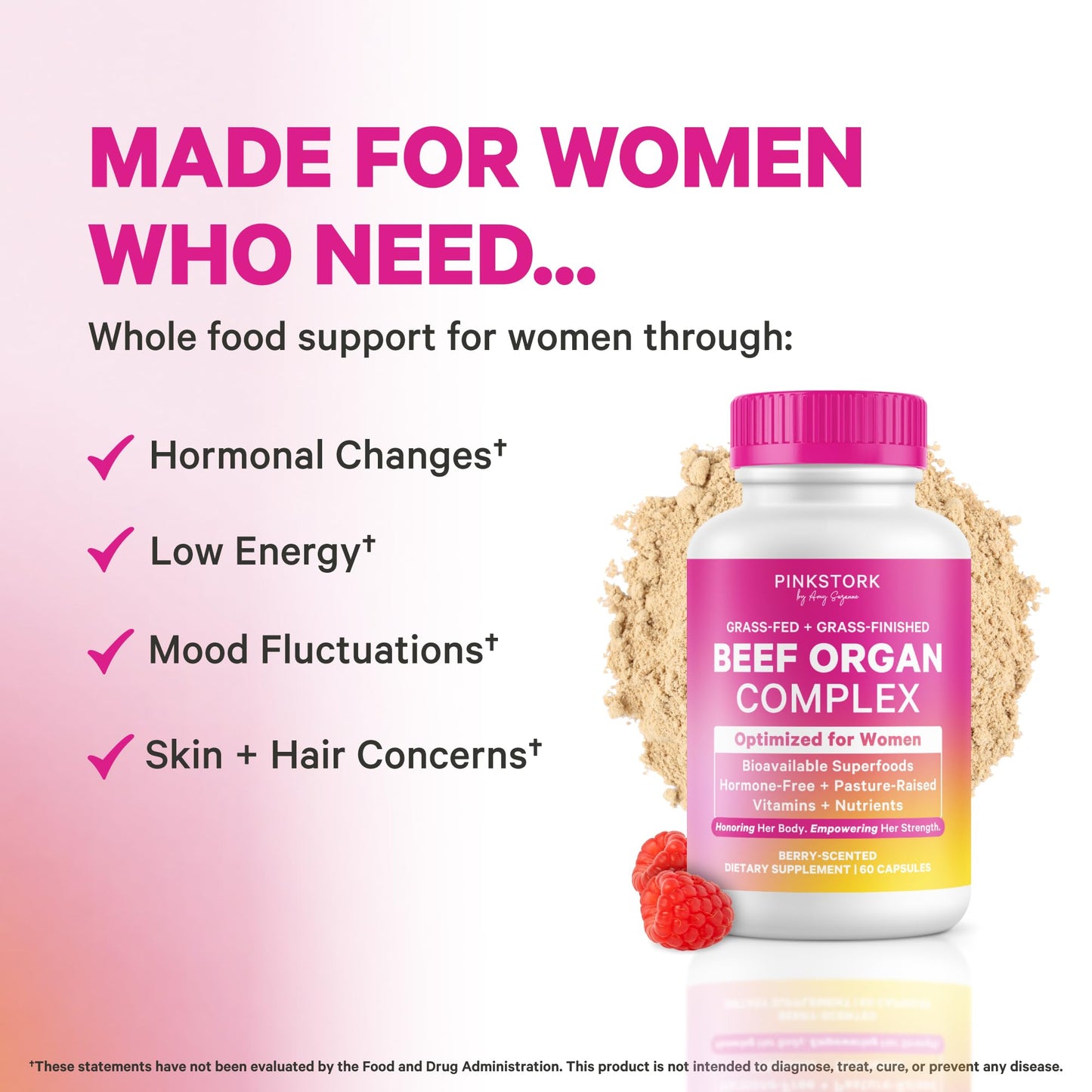 Pink Stork Beef Organ Supplement for Women, Clean Label, 60 Capsules | Grass-Fed Beef Liver Capsules, Iron, B12, CoQ10, Vitamin A, Primal Multivitamin for Hormone + Energy Support