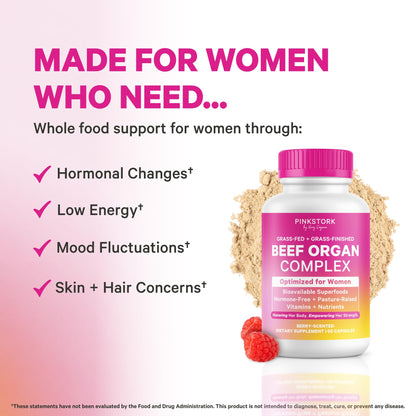Pink Stork Beef Organ Supplement for Women, Clean Label, 60 Capsules | Grass-Fed Beef Liver Capsules, Iron, B12, CoQ10, Vitamin A, Primal Multivitamin for Hormone + Energy Support