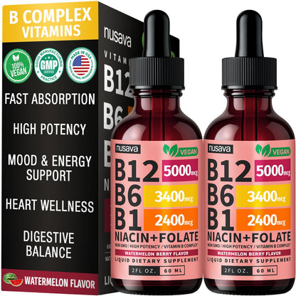 NUSAVA (2 Pack) Vitamin B12 Liquid Drops with B6, B1, Niacin & Folate — B12 Sublingual Vitamin B Complex, Methylcobalamin 5000 mcg, for Energy, Brain & Heart Support, Raspberry Flavor, 80 Servings