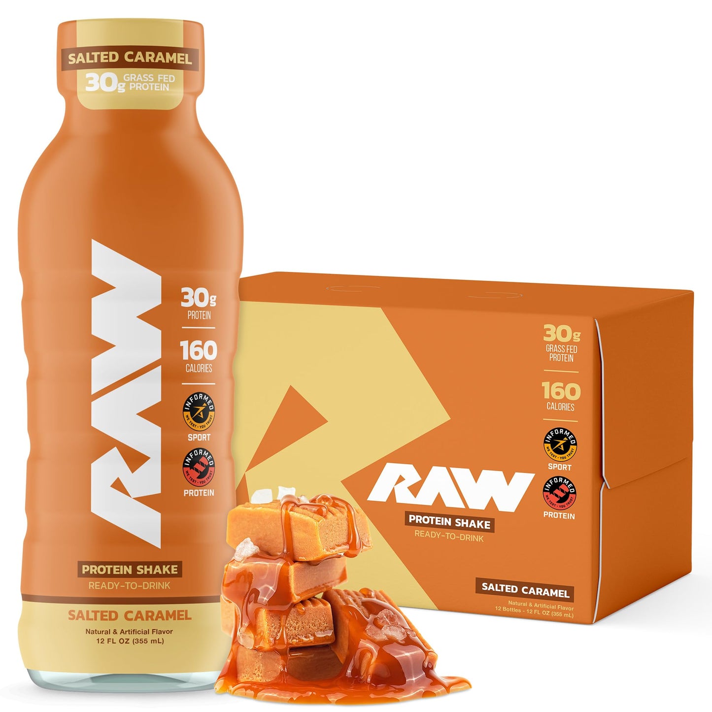 RAW Ready-to-Drink Protein Shake, Strawberry - RTD Protein Drinks with Grass-Fed Whey Protein Isolate for Post-Workout - Zero-Sugar & Gluten-Free Meal Replacement Drink & Breakfast Shake, 12 Fl Oz