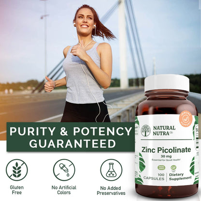 Natural Nutra Zinc Picolinate 30 mg, Double Strength, Raw and Pure, Highly Bioavailable Supplement for Growth and Immune Support, Helps Promote Skin Health, Helps Support Metabolic System 100 Capsules