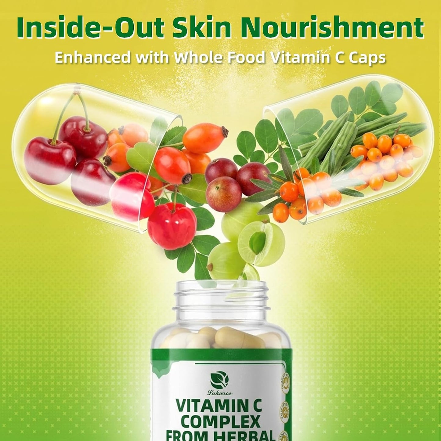 Lukaree Vitamin C Serum for Face, Dark Spots, Fine Lines & Support Collagen | Vitamin C Serum 20% Brightening Face Serum with Sodium Hyaluronate - All Skin Types, Plus Vit C Caps, 1 Fl Oz + 60 Caps