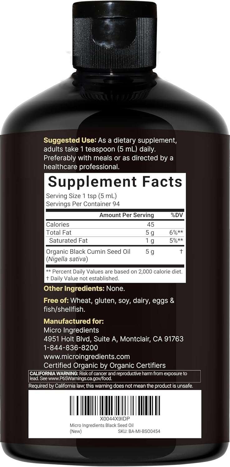 Micro Ingredients Black Seed Oil Organic Cold Pressed, 16 fl oz | Rich in Thymoquinone & Omega 3 6 9 | Unrefined from Nigella Sativa Seeds | Immune, Hair & Skin Support* | Non-GMO - 3 Months Supply