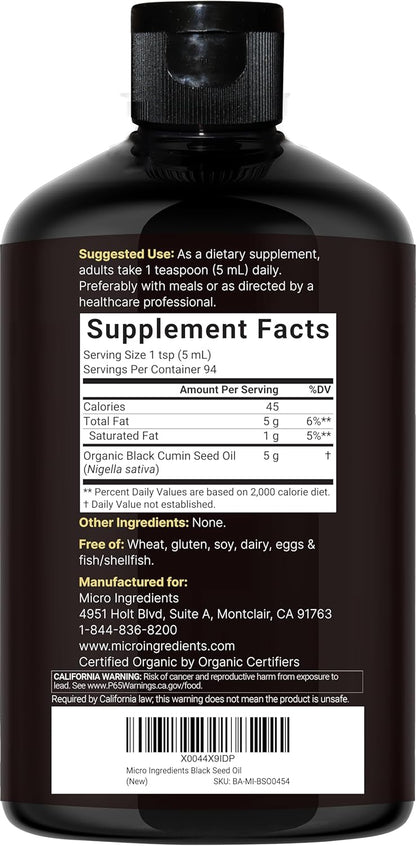 Micro Ingredients Black Seed Oil Organic Cold Pressed, 16 fl oz | Rich in Thymoquinone & Omega 3 6 9 | Unrefined from Nigella Sativa Seeds | Immune, Hair & Skin Support* | Non-GMO - 3 Months Supply
