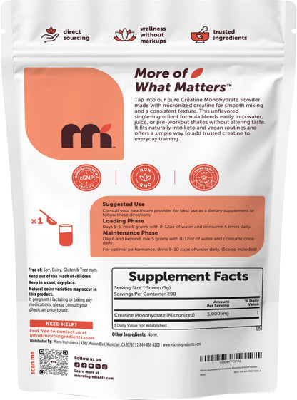 Micro Ingredients Creatine Monohydrate Powder 1 kg (2.2 Lbs), 5000mg Per Serv, Micronized Creatine Powder, Unflavored, No Filler, Keto & Vegan, Easy Dissolve, Pre Workout for Women & Men*