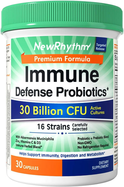 NewRhythm Probiotics for Immune Support, Akkermansia Probiotic Supplement for Women & Men, 30 Billion CFU 16 Strains, Plus Zinc, Vitamin C & D3, Elderberry & Echinacea, Non-GMO, 30 Capsules