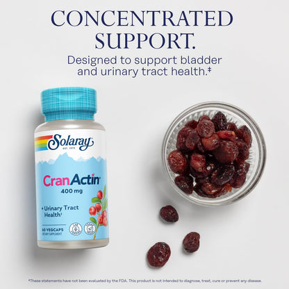 SOLARAY CranActin Cranberry Extract 400 mg - Cranberry Supplements for Women and Men - Bladder and Urinary Tract Health Support with Vitamin C - Vegan, 60-Day Guarantee, 120 Servings, 120 VegCaps