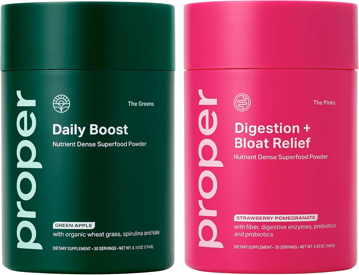 Proper Digestive Wellness & Balance Bundle: Organic Greens & Bloat Relief Drink Mixes with Probiotics, Prebiotics, and Enzymes for Digestive Support and Gut Health