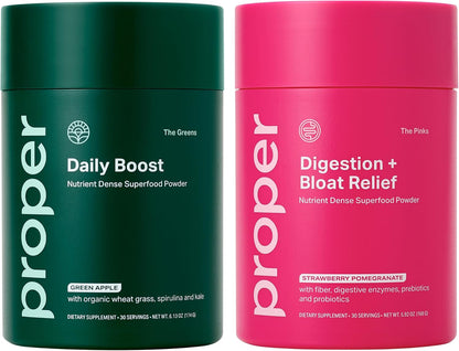 Proper Digestive Wellness & Balance Bundle: Organic Greens & Bloat Relief Drink Mixes with Probiotics, Prebiotics, and Enzymes for Digestive Support and Gut Health