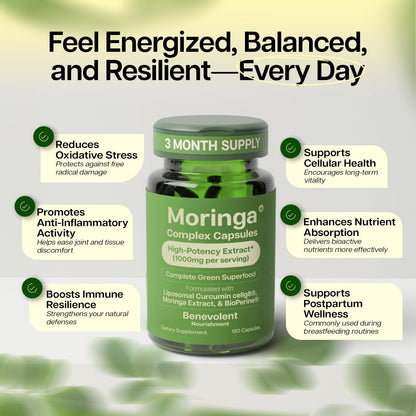 Benevolent Moringa Capsules with Liposomal Curcumin & BioPerine® – High-Potency Moringa Supplement for Antioxidant Support, Immune Resilience, Breastfeeding Support & Nutrient Absorption – 180 Count