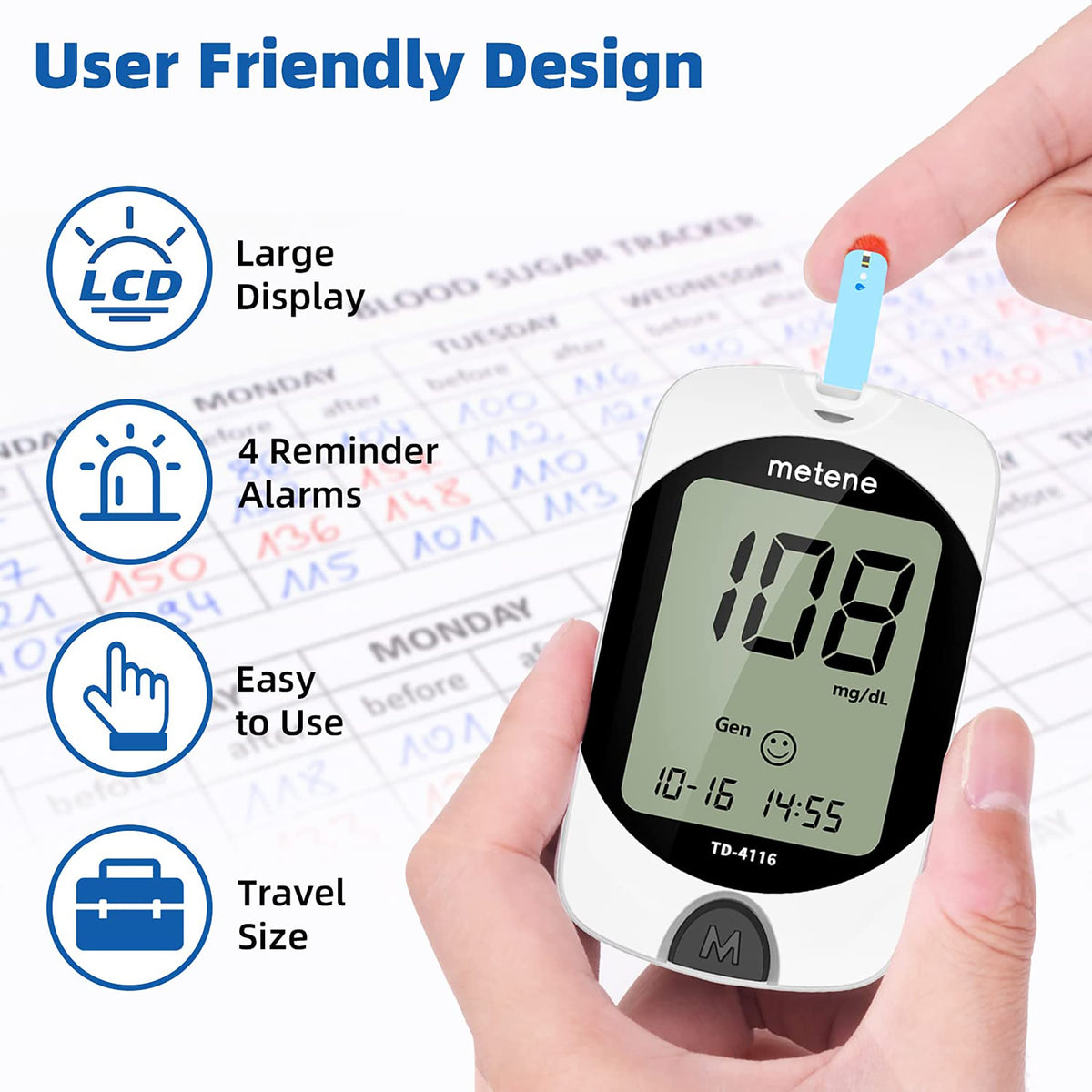 Metene TD-4116 Blood Glucose Monitor Kit, 100 Glucometer Strips