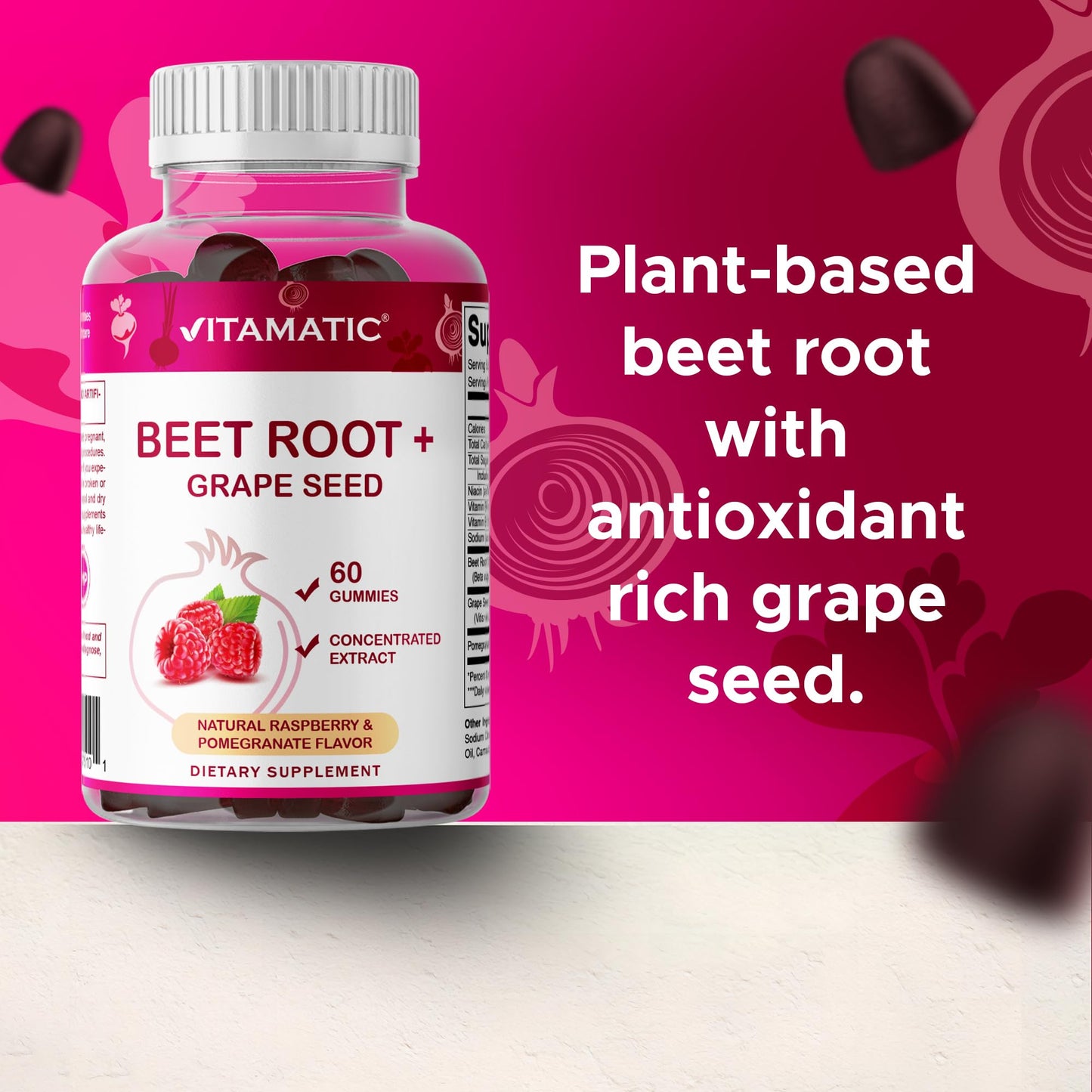 Vitamatic Beet Root Gummies with B6, B12, Grape Seed, Pomegranate & Nicotinamide – Plant-Based Extract – Vegan, Non-GMO – Botanical Supplement Gummies – 60 Count