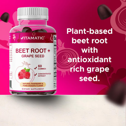 Vitamatic Beet Root Gummies with B6, B12, Grape Seed, Pomegranate & Nicotinamide – Plant-Based Extract – Vegan, Non-GMO – Botanical Supplement Gummies – 60 Count