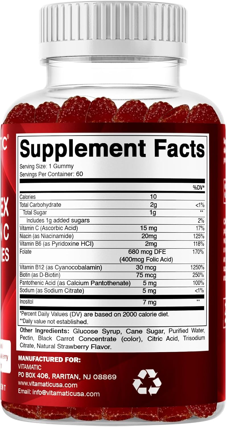 Vitamatic Vitamin B Complex Gummies with Vitamin C & Inositol - Natural Strawberry Flavor - 60 Gummies (1 Bottle)