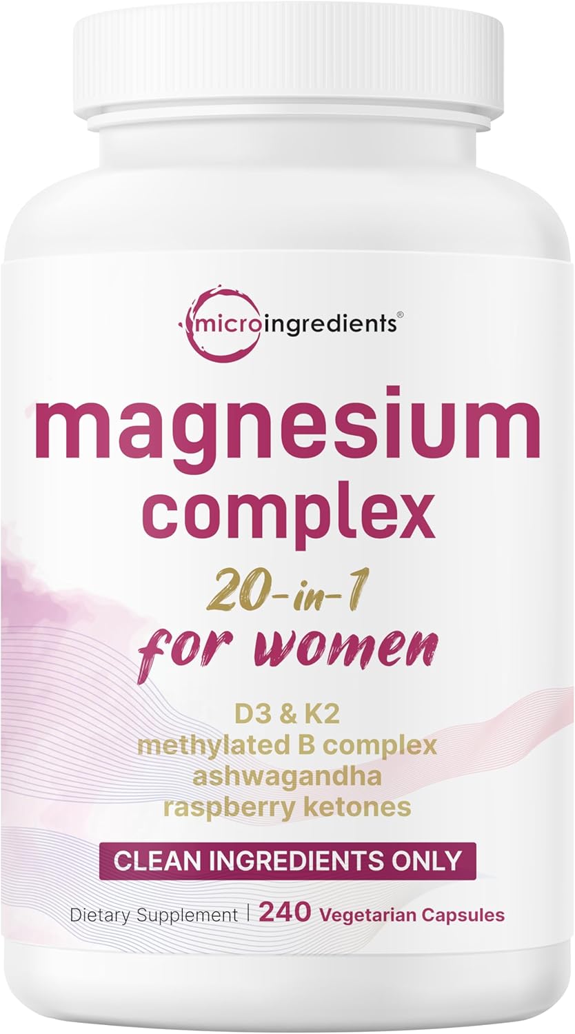 Magnesium Complex for Women | Glycinate, Citrate & More – 20-in-1 Formula with D3, K2 (MK-7), B6 (as P5P) & Ashwagandha | 240 Vegetarian Capsules, Filler Free, Non-GMO