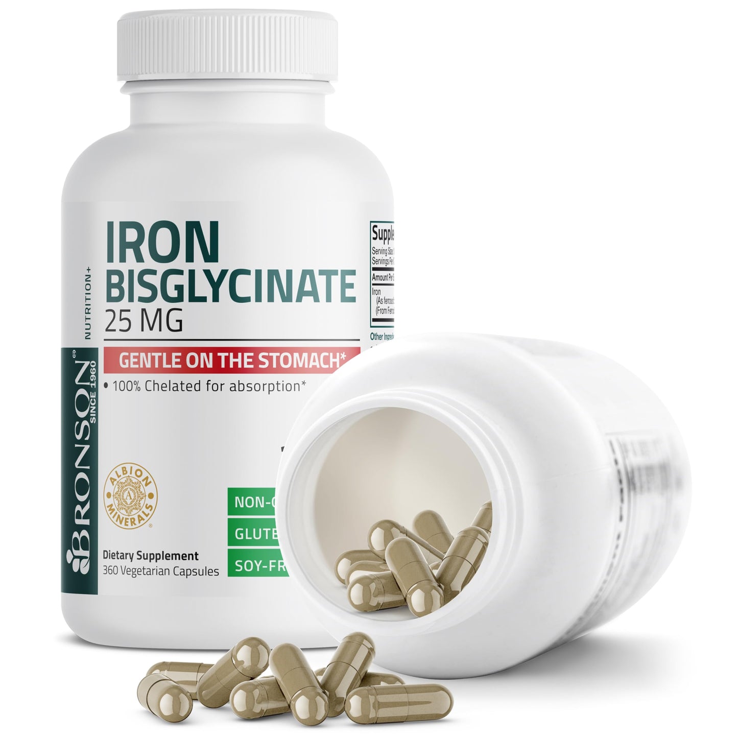 Bronson Iron Bisglycinate 25 mg, 90 Vegetarian Capsules | Gentle on the Stomach, Non-Constipating, Supports Energy & Red Blood Cell Production, Non-GMO, Gluten-Free & Soy-Free