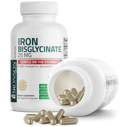 Bronson Iron Bisglycinate 25 mg, 90 Vegetarian Capsules | Gentle on the Stomach, Non-Constipating, Supports Energy & Red Blood Cell Production, Non-GMO, Gluten-Free & Soy-Free