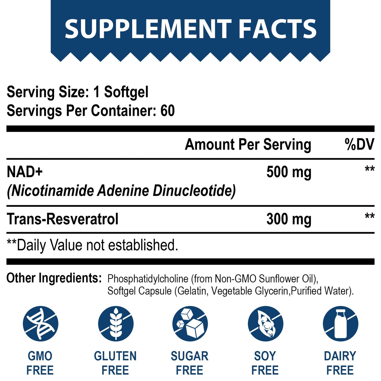 Liposomal NAD+ 500 mg + Trans-Resveratrol 300 mg, Superior Absorption True NAD Supplement Efficient for Cellular Energy Metabolism & DNA Repair, 60 Softgels