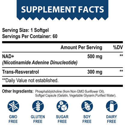 Liposomal NAD+ 500 mg + Trans-Resveratrol 300 mg, Superior Absorption True NAD Supplement Efficient for Cellular Energy Metabolism & DNA Repair, 60 Softgels
