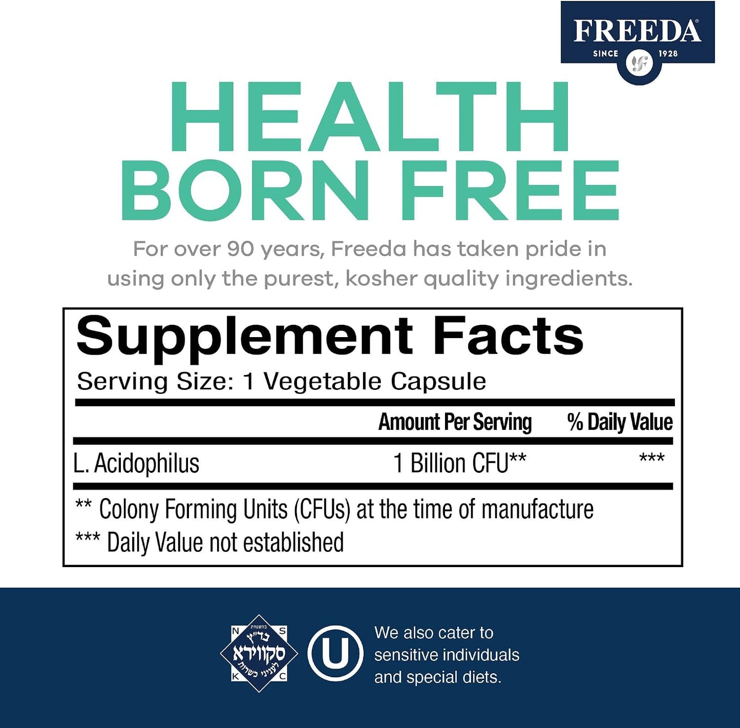FREEDA Acidophilus Probiotic 1 Billion CFU for Digestive Support – 100ct | Immune Function & Digestive Health Support for Women & Men – Vegan, Kosher, Gluten-Free, & Made in USA