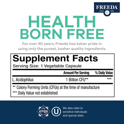 FREEDA Acidophilus Probiotic 1 Billion CFU for Digestive Support – 100ct | Immune Function & Digestive Health Support for Women & Men – Vegan, Kosher, Gluten-Free, & Made in USA