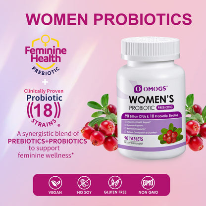 OMOGS Women's Probiotic,with Cranberry Extract and Organic Prebiotics,90 Billion CFUs