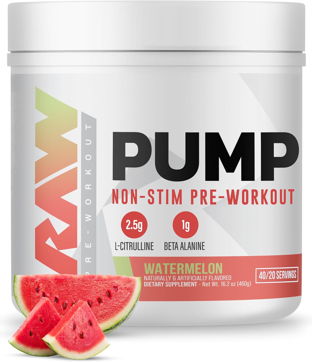 RAW Pump Stim Free Pre Workout (Watermelon) - Non-Stimulant Pre Workout Supplement Powder Nitric Oxide Booster - Pre Workout Supplements Drink for During Workout - 40 Servings
