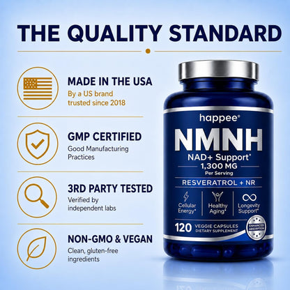 Happee Liposomal NMNH Supplement 1300mg (NMN Alternative) NAD+ | 120 Caps | 6-in-1 NAD+ Formula | Reduced Nicotinamide Mononucleotide (NMNH), Resveratrol, NR, CoQ10 | Cellular Energy & Healthy Aging