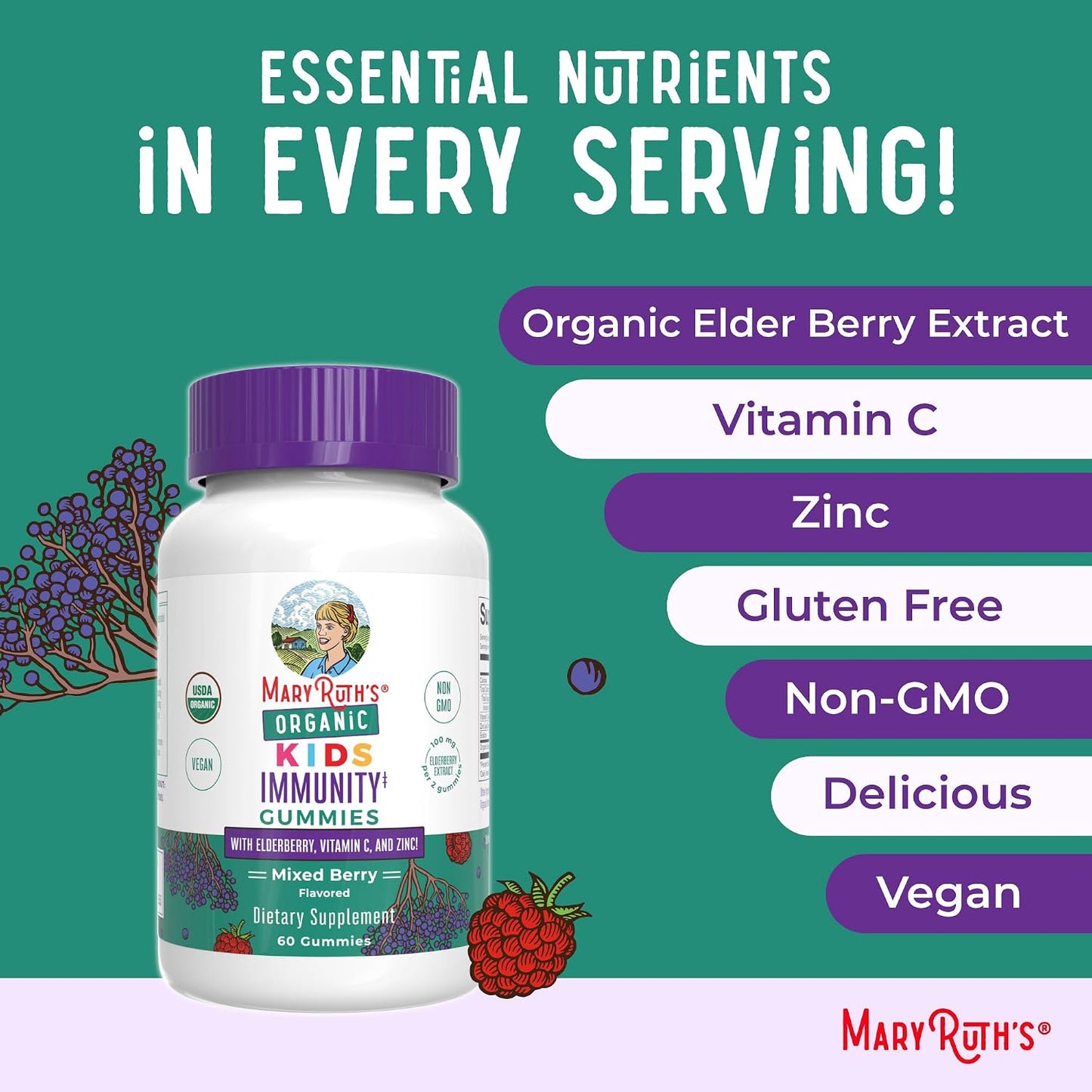 MARYRUTH'S Organics Kids Immune Support Gummies | USDA Organic | Vitamin C, Zinc, and Elderberry Gummies for Kids| Immune Support for Ages 4+ | Vegan | Non-GMO | Gluten Free | 60 Count