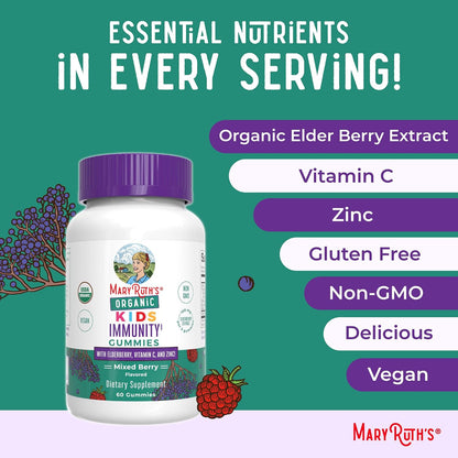 MARYRUTH'S Organics Kids Immune Support Gummies | USDA Organic | Vitamin C, Zinc, and Elderberry Gummies for Kids| Immune Support for Ages 4+ | Vegan | Non-GMO | Gluten Free | 60 Count