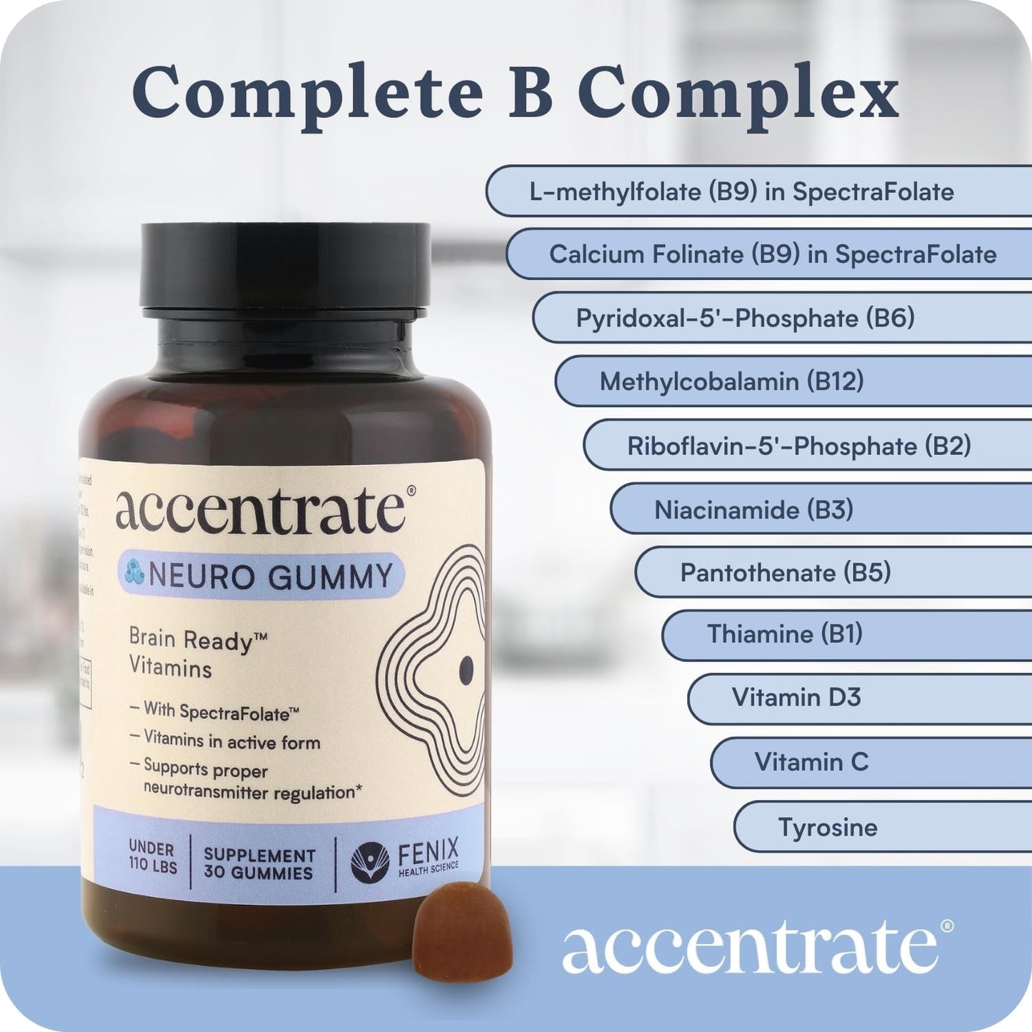 Accentrate Neuro Gummy for Kids | Supports Attention & Mood | Folinic Acid & Methylfolate | Complete Vitamin B Complex with SpectraFolate™ | MTHFR Supplement | No Artificial Ingredients | 30 Gummies