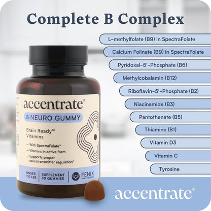 Accentrate Neuro Gummy for Kids | Supports Attention & Mood | Folinic Acid & Methylfolate | Complete Vitamin B Complex with SpectraFolate™ | MTHFR Supplement | No Artificial Ingredients | 30 Gummies